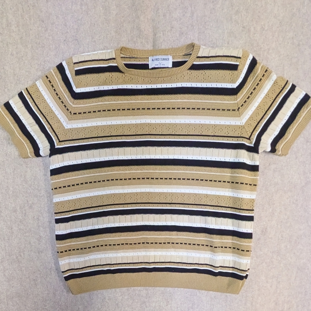 Alfred Dunner Beige, Cream & Black Striped Short Sleeved Knit Top Size Large